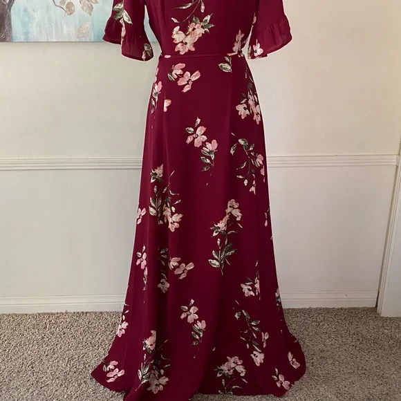 LULUS BURGUNDY FLORAL WRAP MAXI DRESS SIZE SMALL 🌟EUC🌟 - Picture 8 of 16
